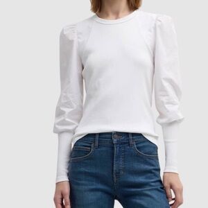 Veronica Beard Lyon Top White Ribbed Puff Long Sleeve Top
